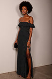 Black White Polka Dot Sheath Off The Shoulder Maxi Dress With Slit