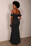 Black White Polka Dot Sheath Off The Shoulder Maxi Dress With Slit