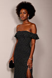 Black White Polka Dot Sheath Off The Shoulder Maxi Dress With Slit