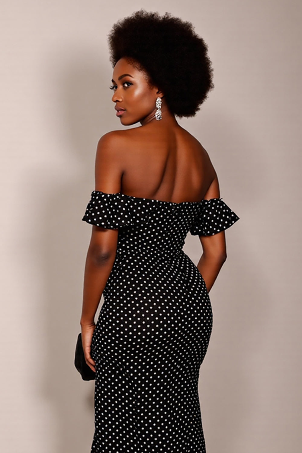 Black White Polka Dot Sheath Off The Shoulder Maxi Dress With Slit