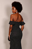 Black White Polka Dot Sheath Off The Shoulder Maxi Dress With Slit