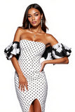 Off The Shoulder Sheath Black White Polka Dots Cocktail Dress With Slit