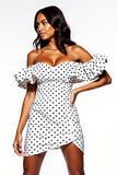 White Black Polka Dots Off The Shoulder Bodycon Mini Dress