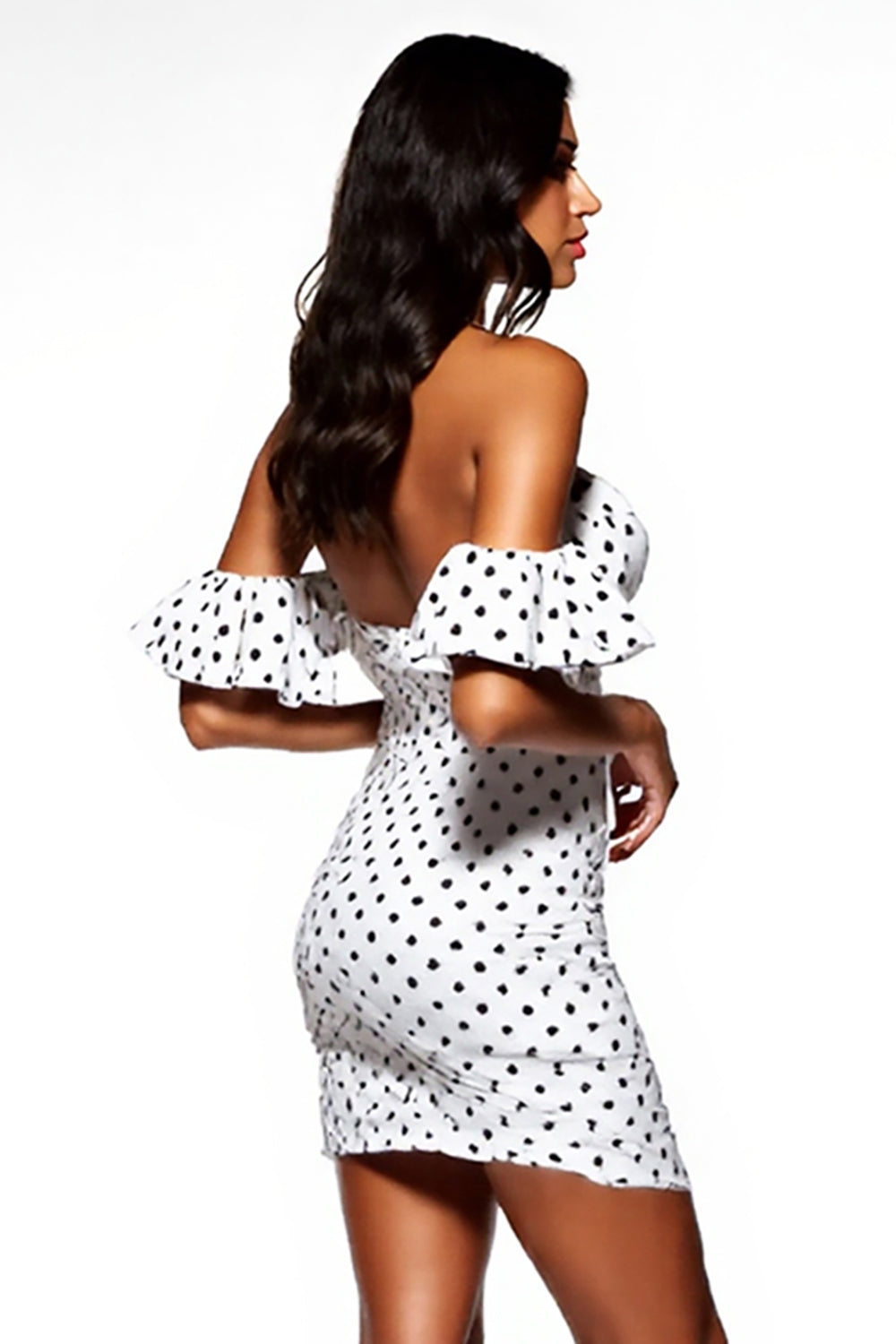 White Black Polka Dots Off The Shoulder Bodycon Mini Dress