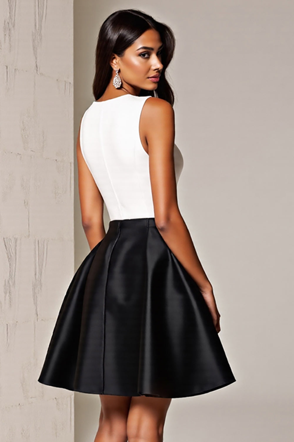 Black And White A-Line V-Neck Mini Dress