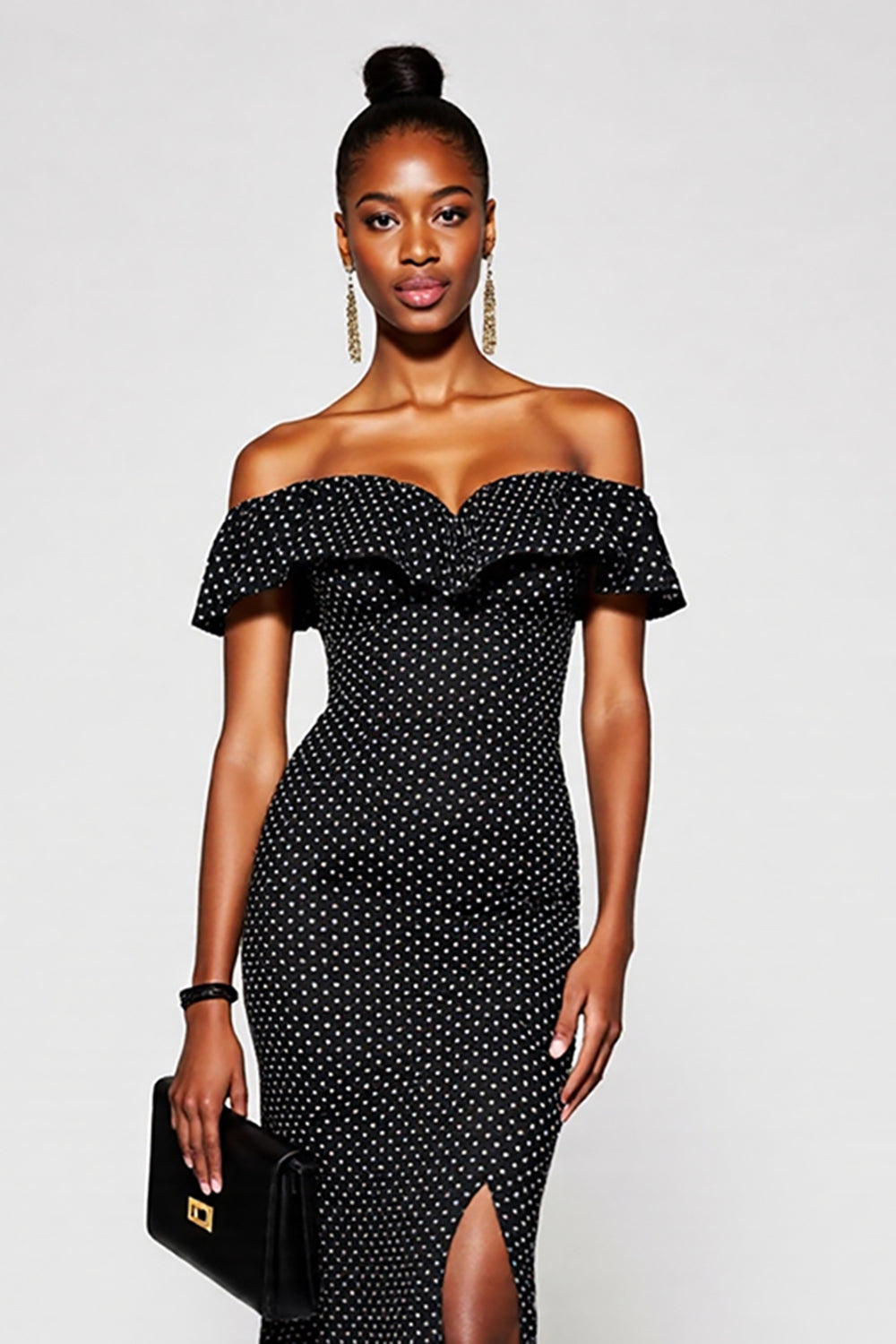 Black White Polka Dots Sheath Off The Shoulder Maxi Dress With Slit