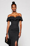 Black White Polka Dots Sheath Off The Shoulder Maxi Dress With Slit