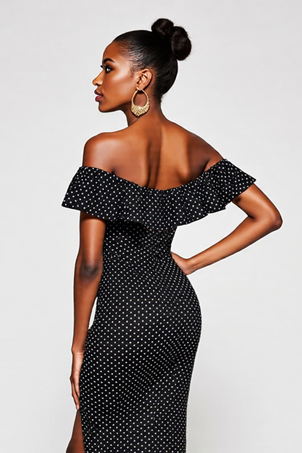Black White Polka Dots Sheath Off The Shoulder Maxi Dress With Slit