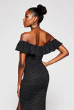 Black White Polka Dots Sheath Off The Shoulder Maxi Dress With Slit