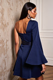 Sheath Navy One Shoulder Long Sleeve Mini Dress With Slit