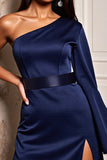 Sheath Navy One Shoulder Long Sleeve Mini Dress With Slit