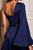 Sheath Navy One Shoulder Long Sleeve Mini Dress With Slit