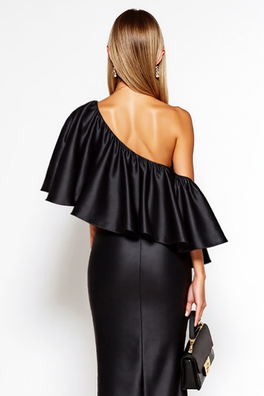 Black Sheath One Shoulder Satin Maxi Dress