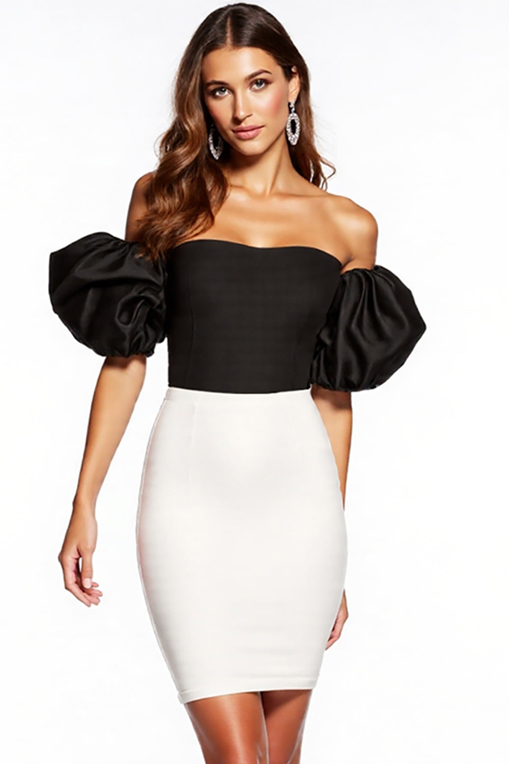 Bodycon Black And White Off The Shoulder Mini Dress With Puff Sleeves