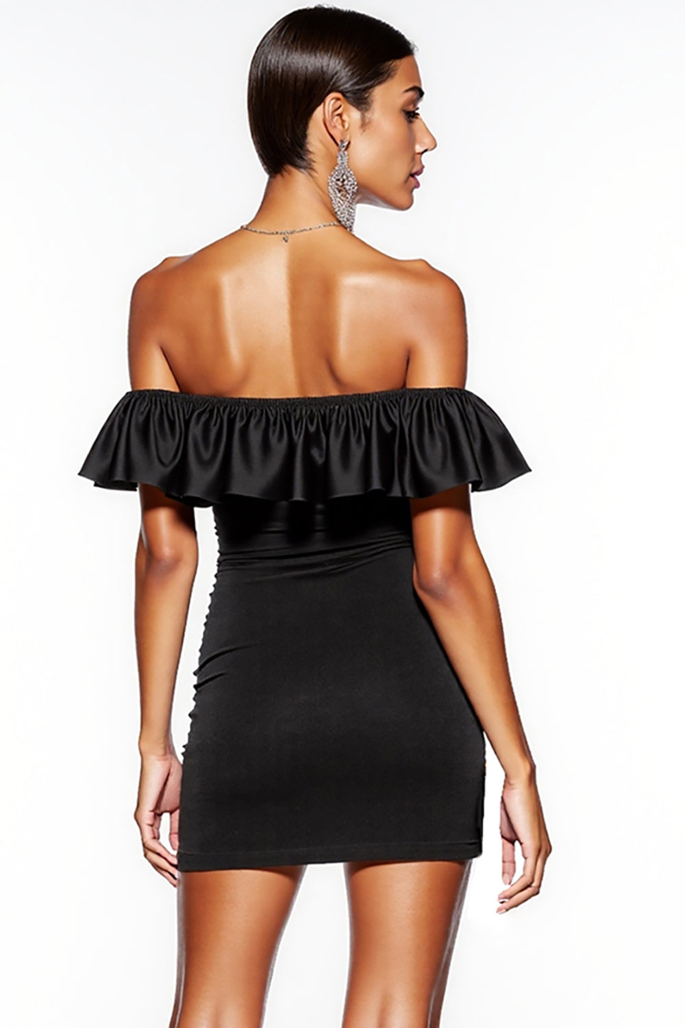 Off The Shoulder Ruched Tight Little Black Dress with Ruffles