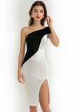 Sheath One Shoulder Black And White Cocktail Dress With Slit