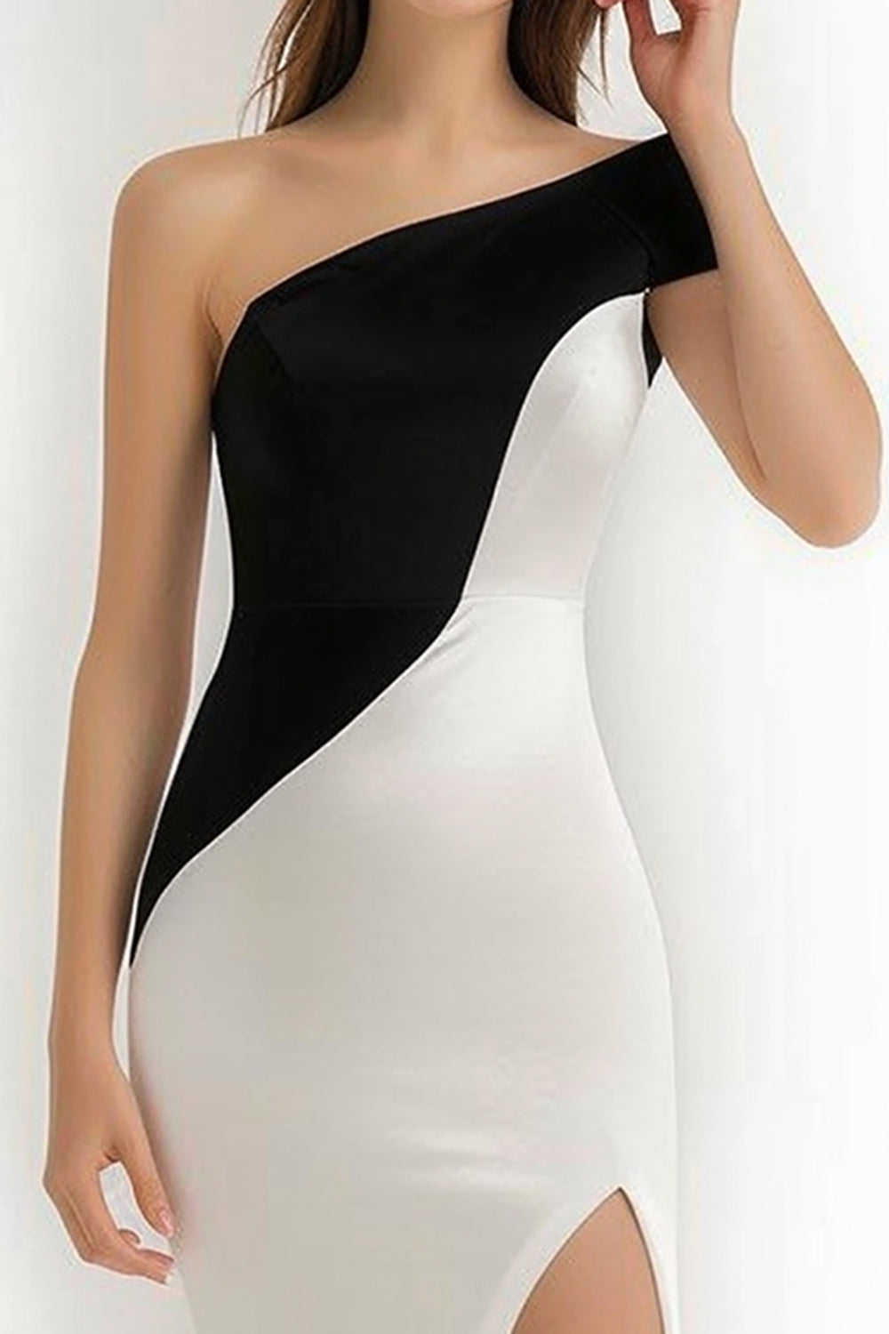 Sheath One Shoulder Black And White Cocktail Dress With Slit