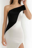 Sheath One Shoulder Black And White Cocktail Dress With Slit
