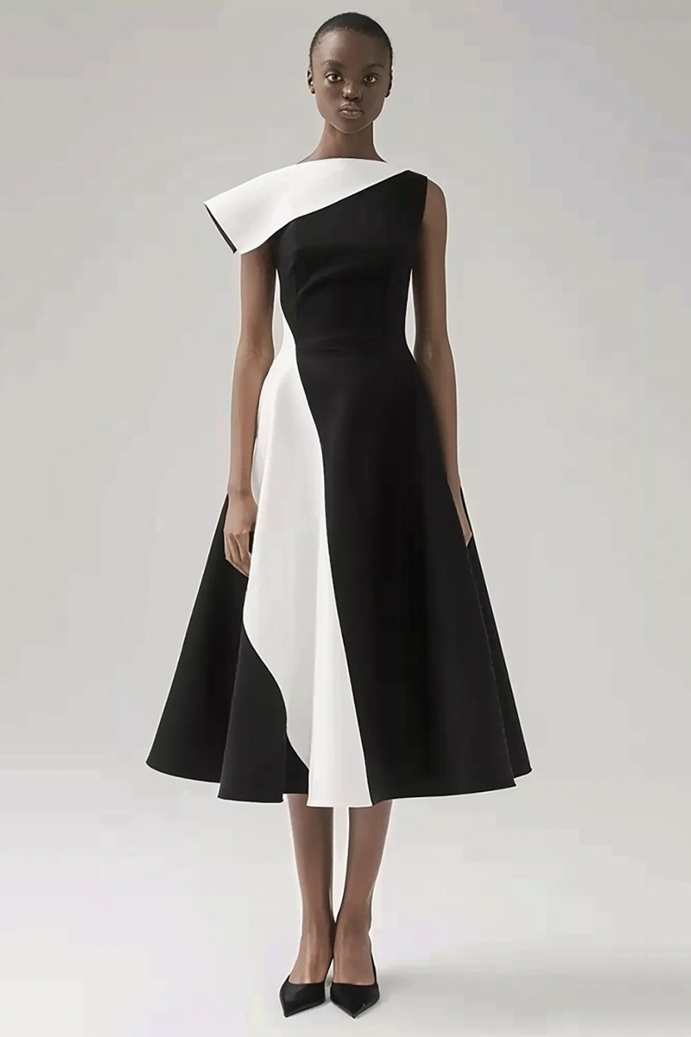 Asymmetrical A-Line Black And White Midi Dress