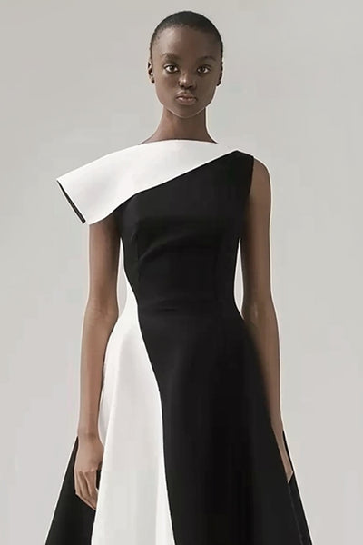 Berylove Women A-Line Midi Dress Asymmetrical Black and White Formal Dress
