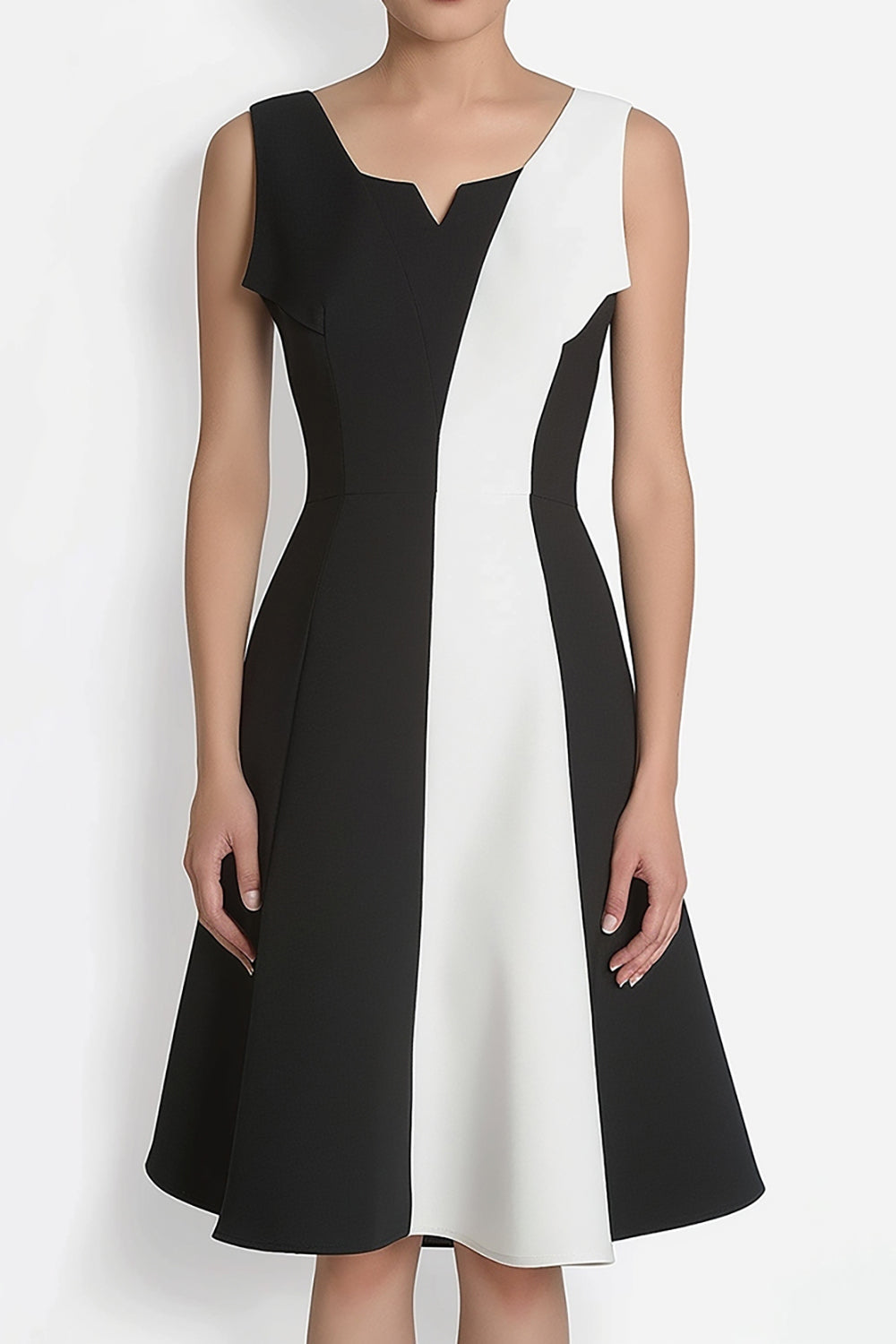 Black And White A-Line Square Neck Midi Dress