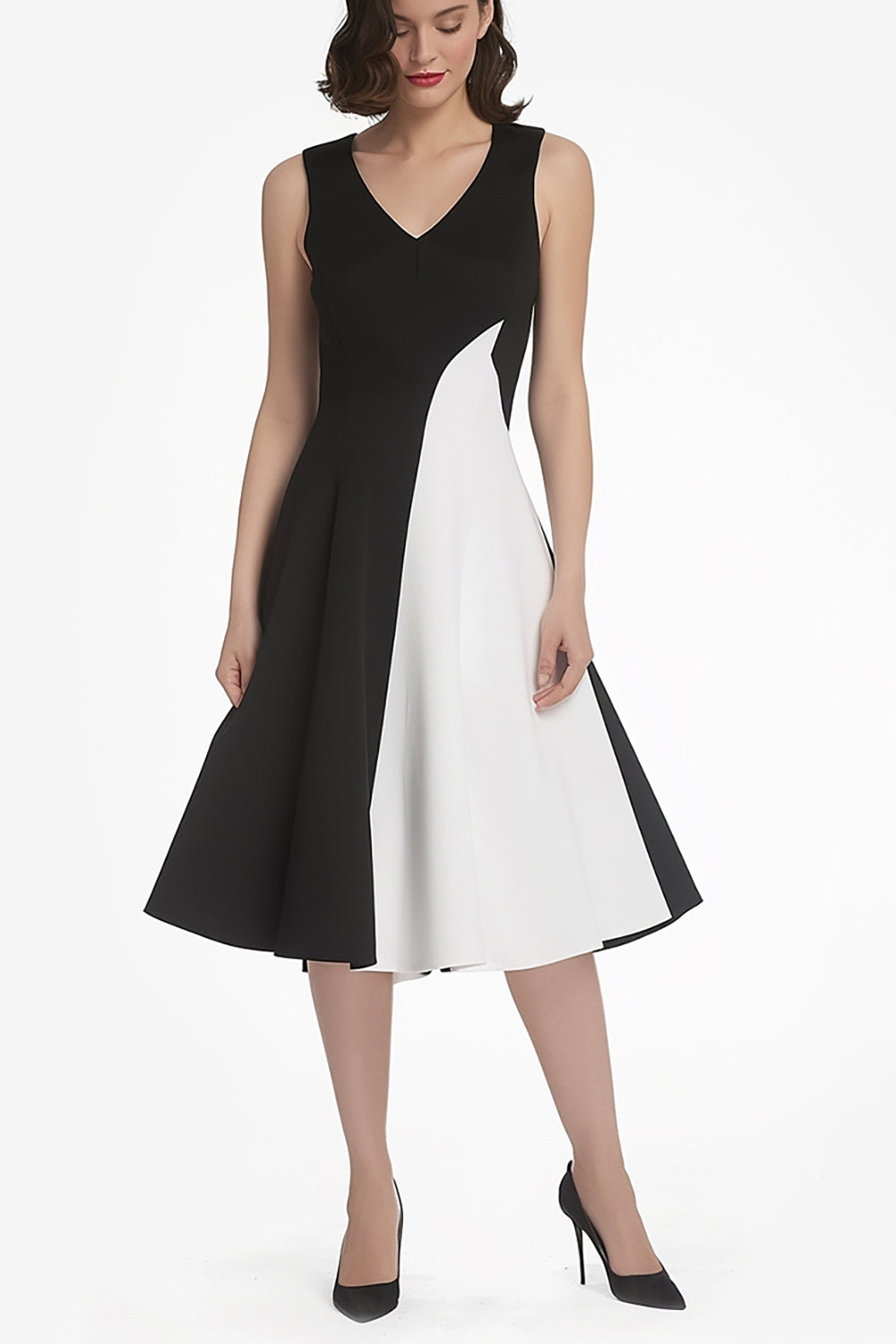 Elegant Black And White V-Neck A-Line Midi Dress