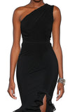 Ruffled One Shoulder Black Midi Dress With Slit