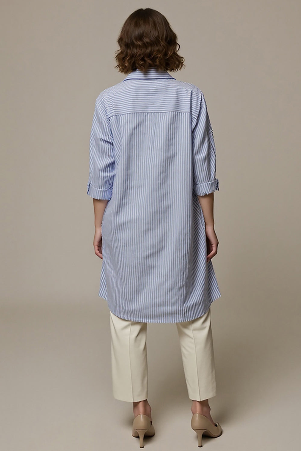 Blue Stripe Button Long Work Blouse Top