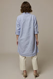 Blue Stripe Button Long Work Blouse Top