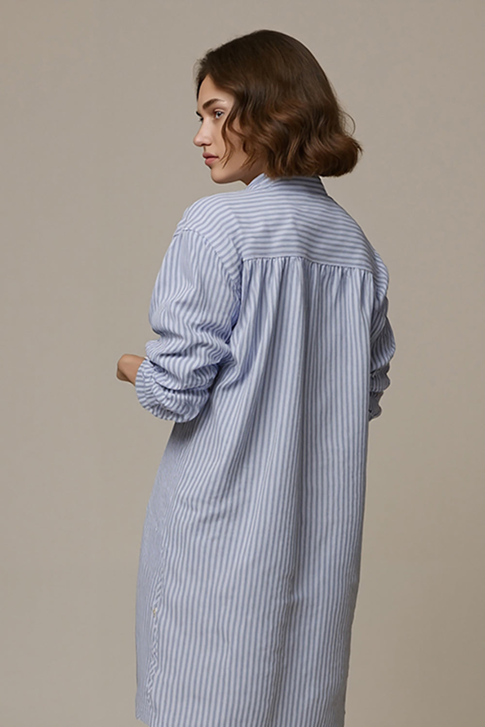 Blue Stripe Button Long Work Blouse Top