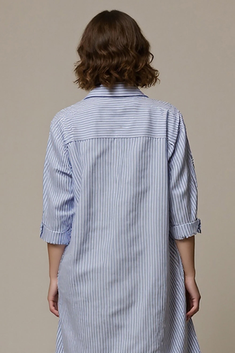 Blue Stripe Button Long Work Blouse Top
