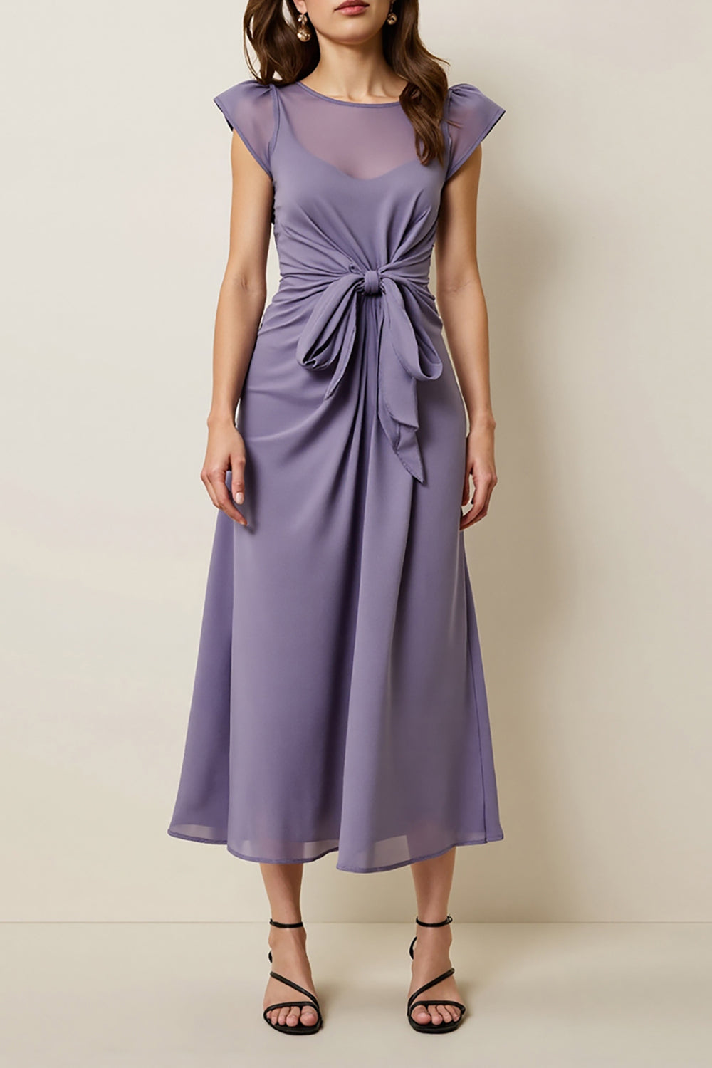 Grey Purple A Line Wedding Guest Dress with Cap Sleeves