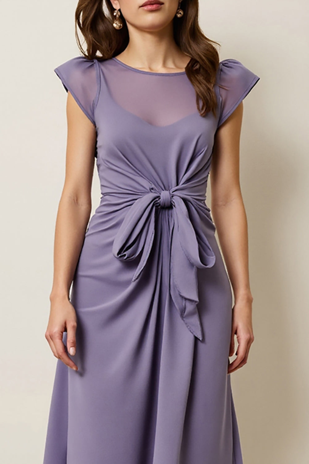 Grey Purple A Line Wedding Guest Dress with Cap Sleeves