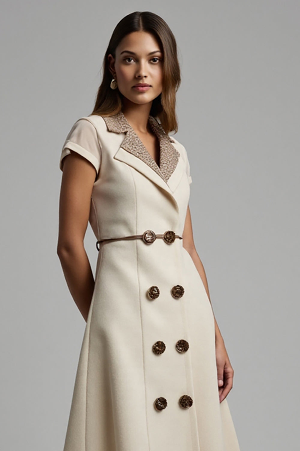 A Line Apricot V-Neck Work Dress with Buttons