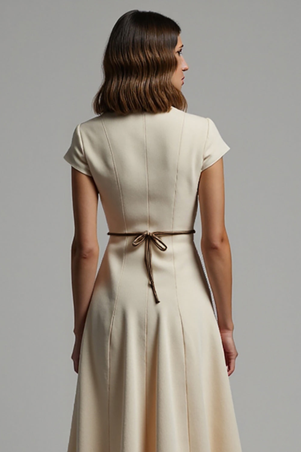 A Line Apricot V-Neck Work Dress with Buttons