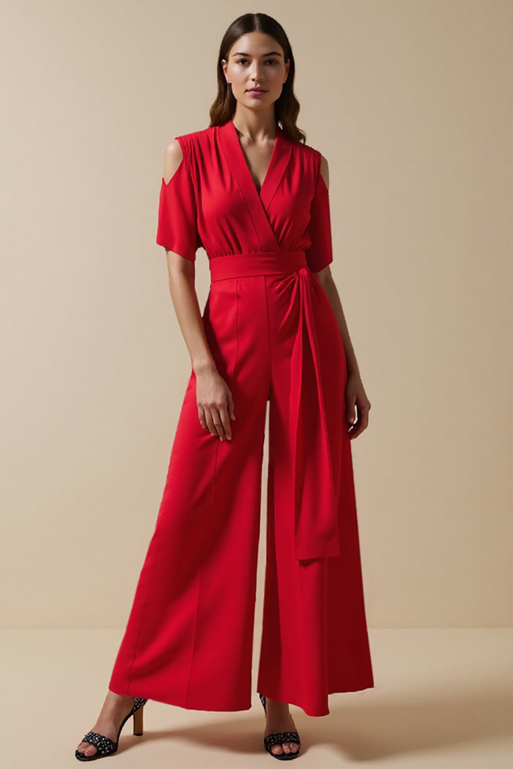 Red V-Neck Jumpsuit with Short Sleeves
