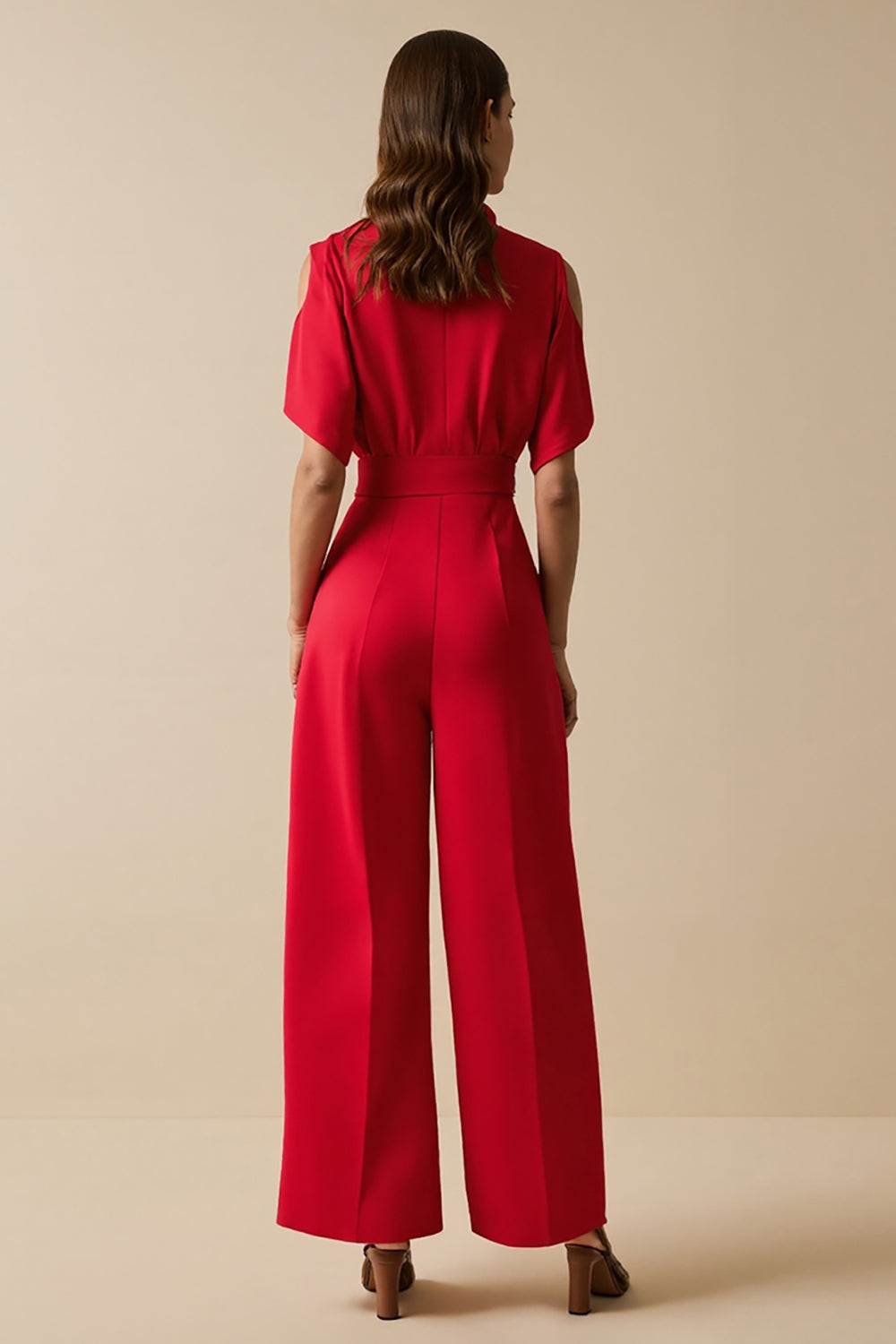 Red V-Neck Jumpsuit with Short Sleeves