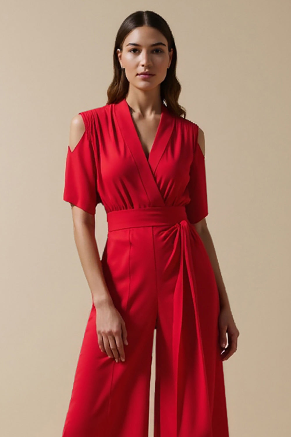 Red V-Neck Jumpsuit with Short Sleeves