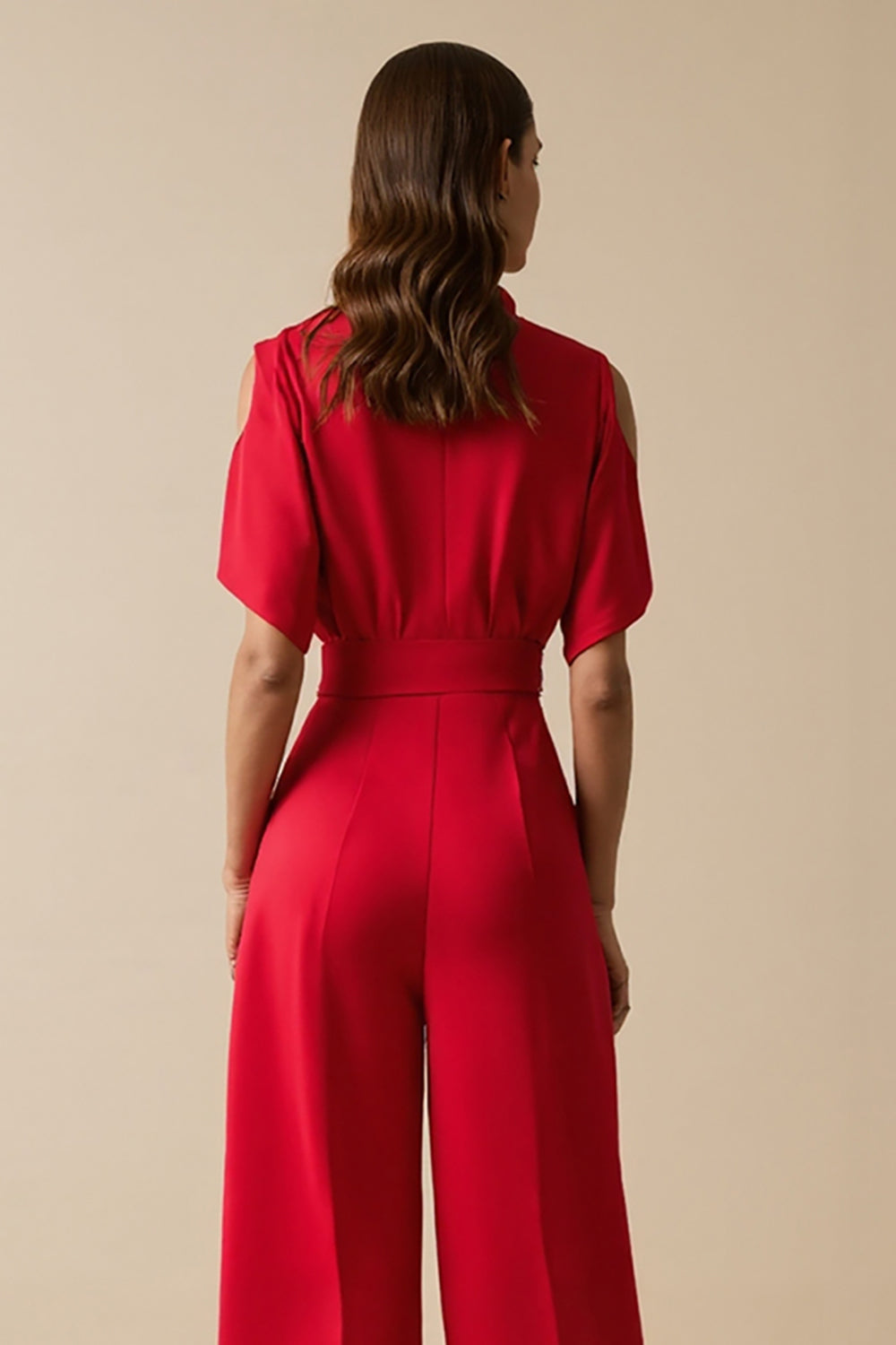 Red V-Neck Jumpsuit with Short Sleeves