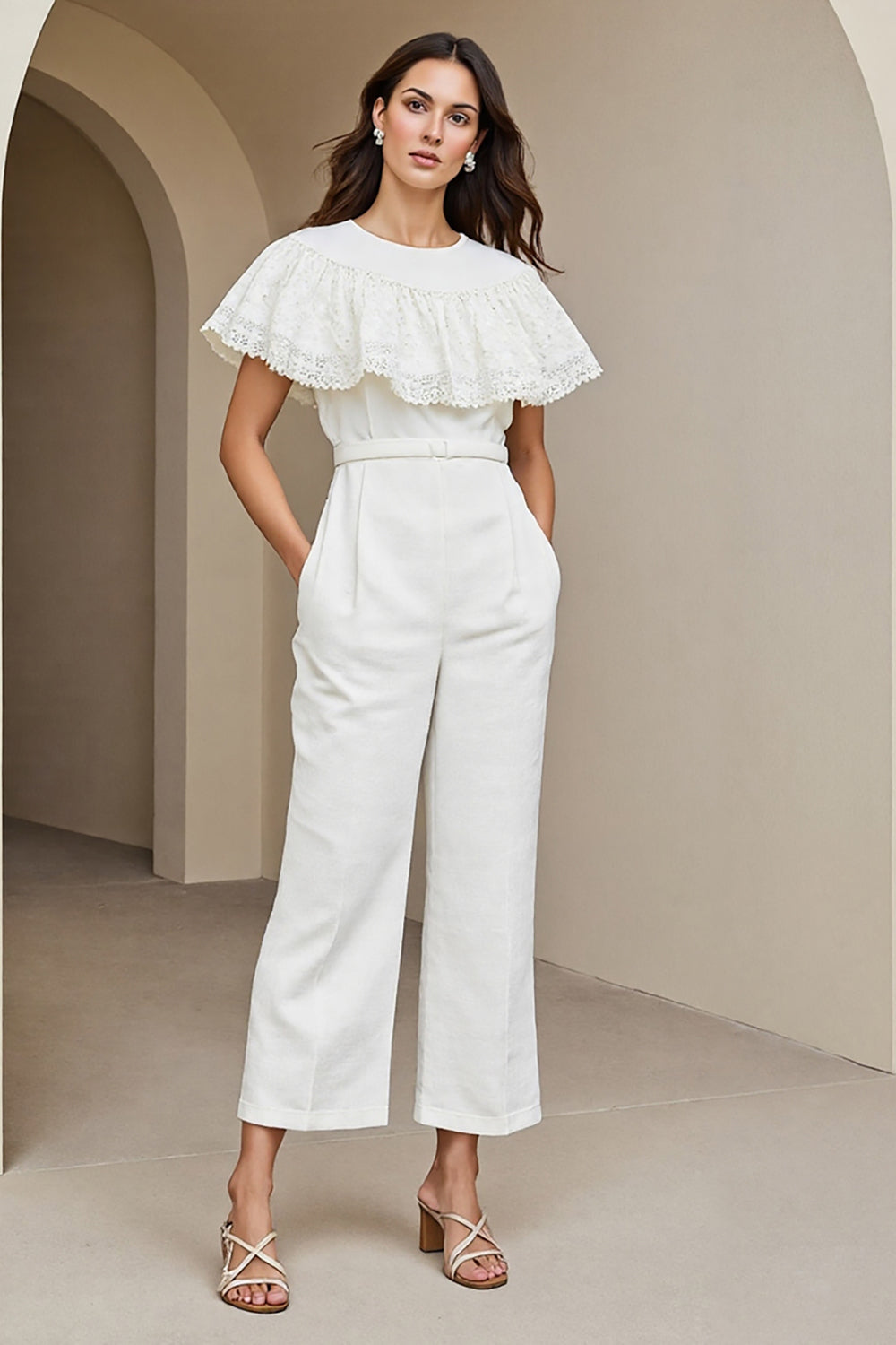 Ruffled White Round Neck Long Jumpsuit
