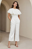 Ruffled White Round Neck Long Jumpsuit