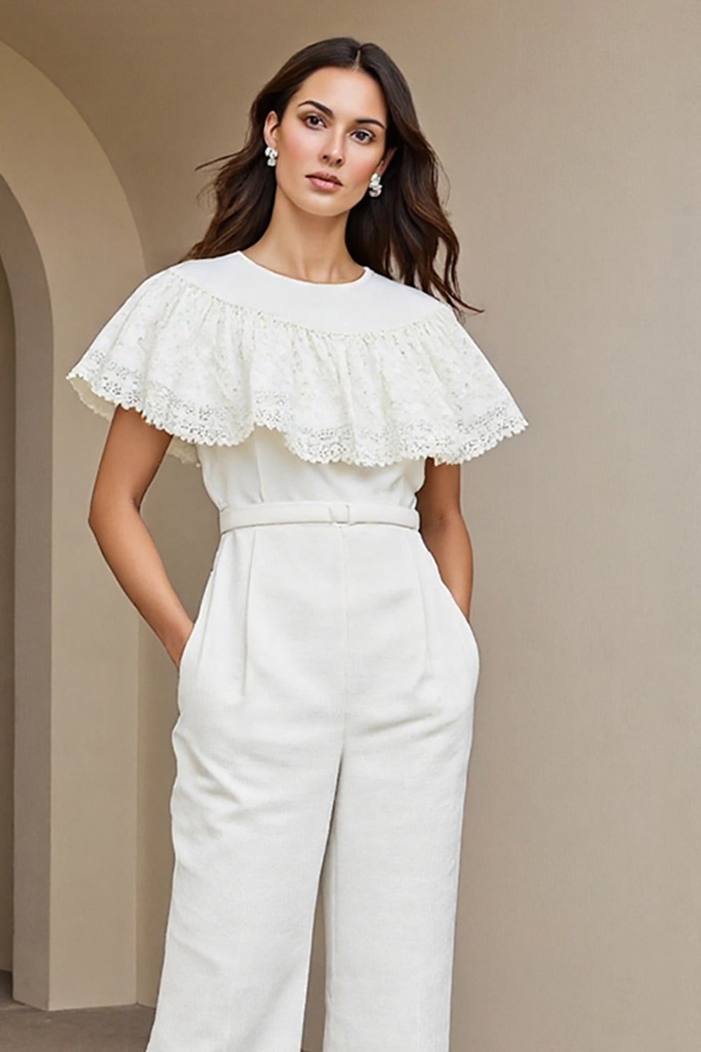 Ruffled White Round Neck Long Jumpsuit
