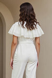 Ruffled White Round Neck Long Jumpsuit