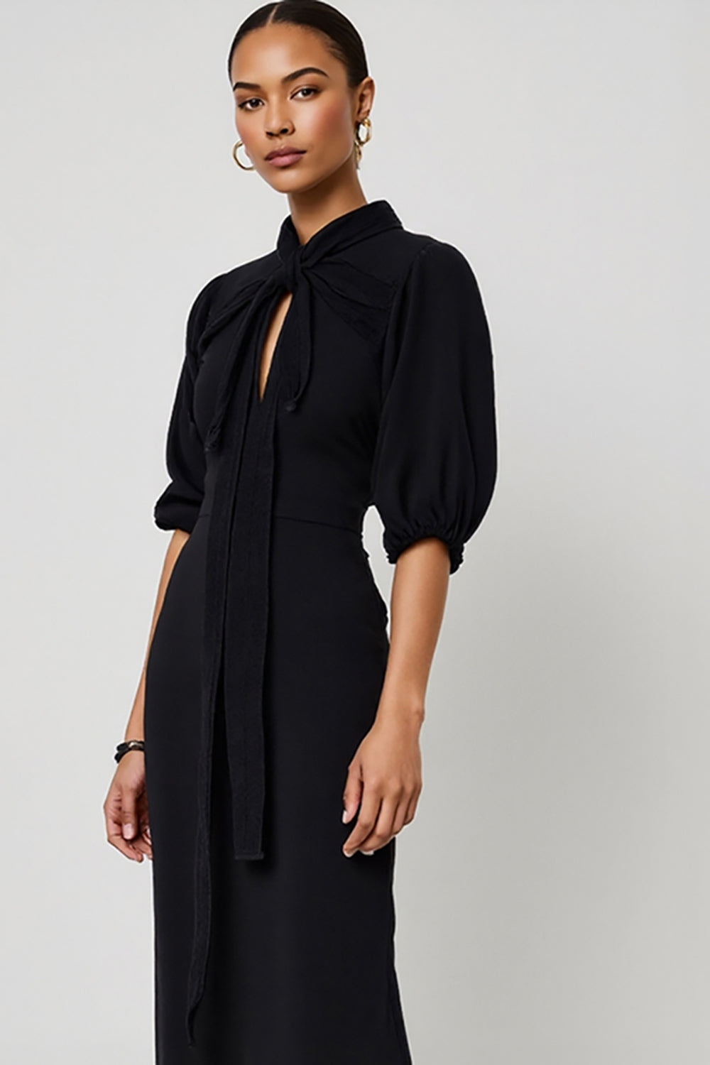 Sheath Midi Black Work Dress with Hollow Out