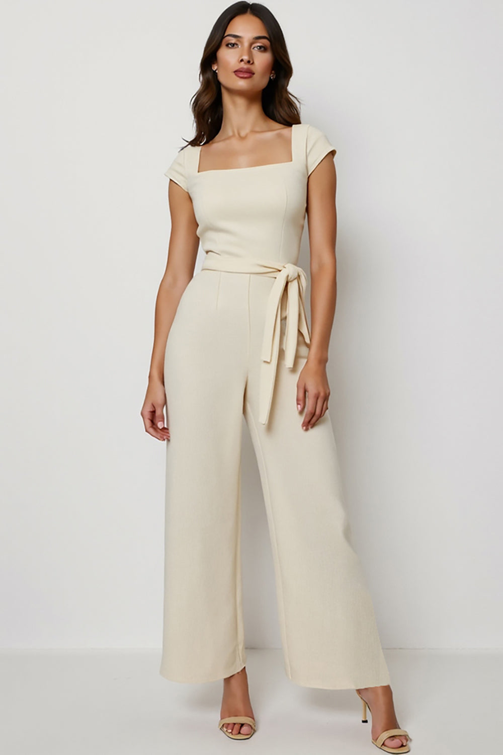 Apricot Square Neck Long Jumpsuit with Sash