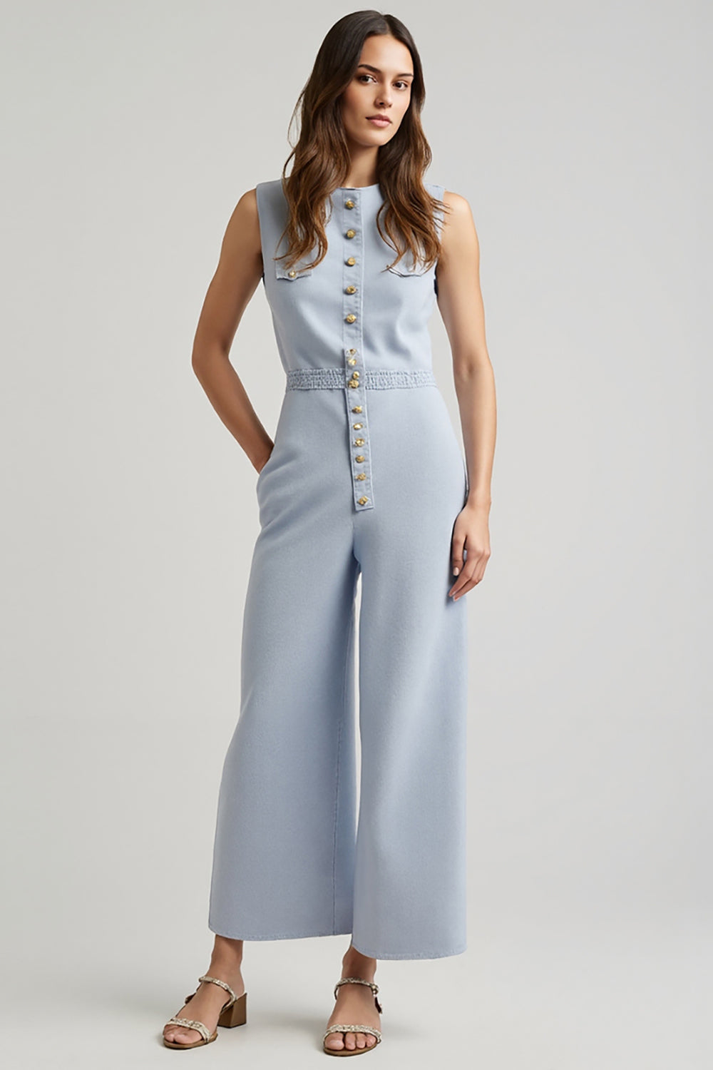 Sheath Blue Long Jumpsuit with Buttons