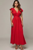 A Line Red Ruffle Sleeve V-Neck Maxi Dress