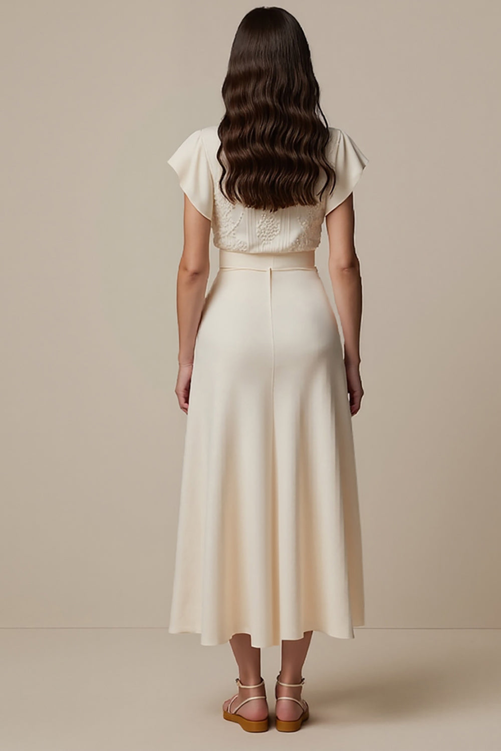 Ivory Sheath Long Work Dress with Short Sleeves