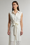 Ivory Sheath Lapel Neck Long Work Dress with Sash