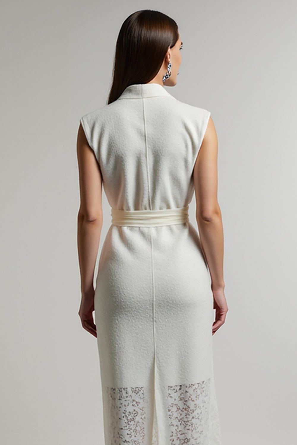 Ivory Sheath Lapel Neck Long Work Dress with Sash